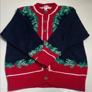 Vintage Women's ORVIS Cotton Christmas Cardigan Sweater Size M Holly Leaf Border